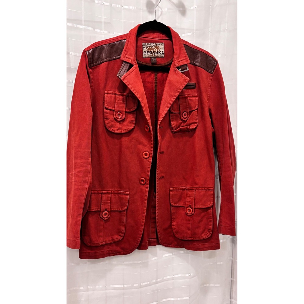 Bershka Mens Red Utility Blazer Jacket Faux Leather Trim Pockets Size L